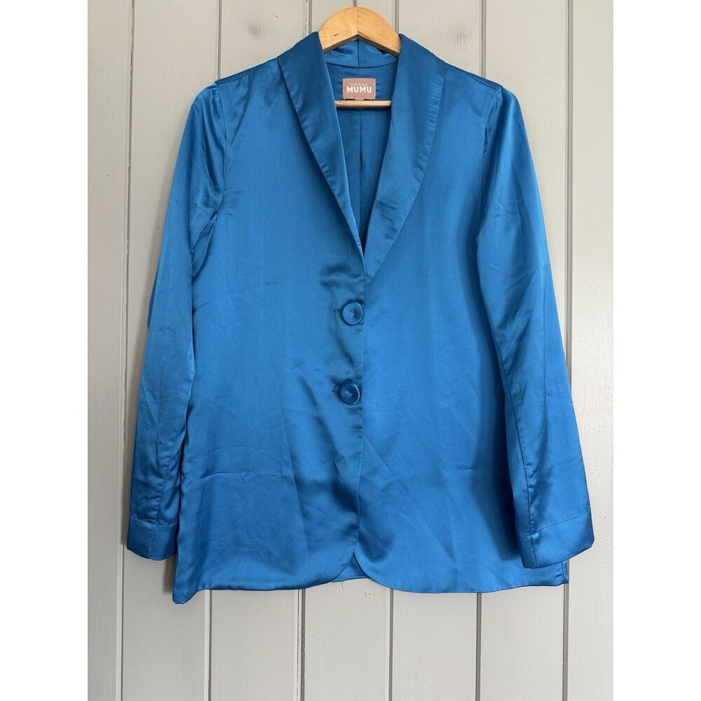 Show Me Your Mumu Felix Blazer Jacket Button Front Blue Satin M Medium